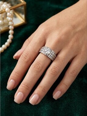 Silver Multi-Row Cubic Zirconia Wedding Ring Cz Style Statement Ring NEW
